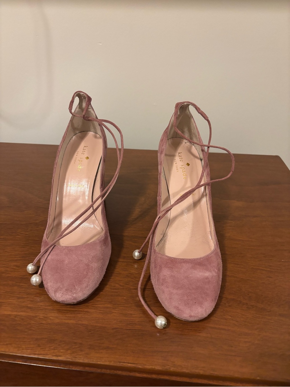 kate spade Pink Suede Lace-Up Heels with Pearl Tips